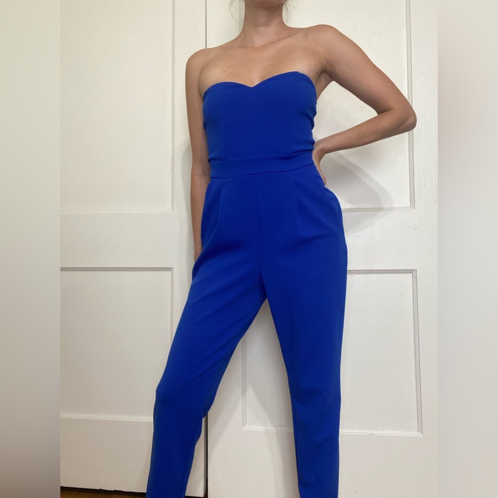 Express Blue Sweetheart Neckline Strapless Jumpsuit